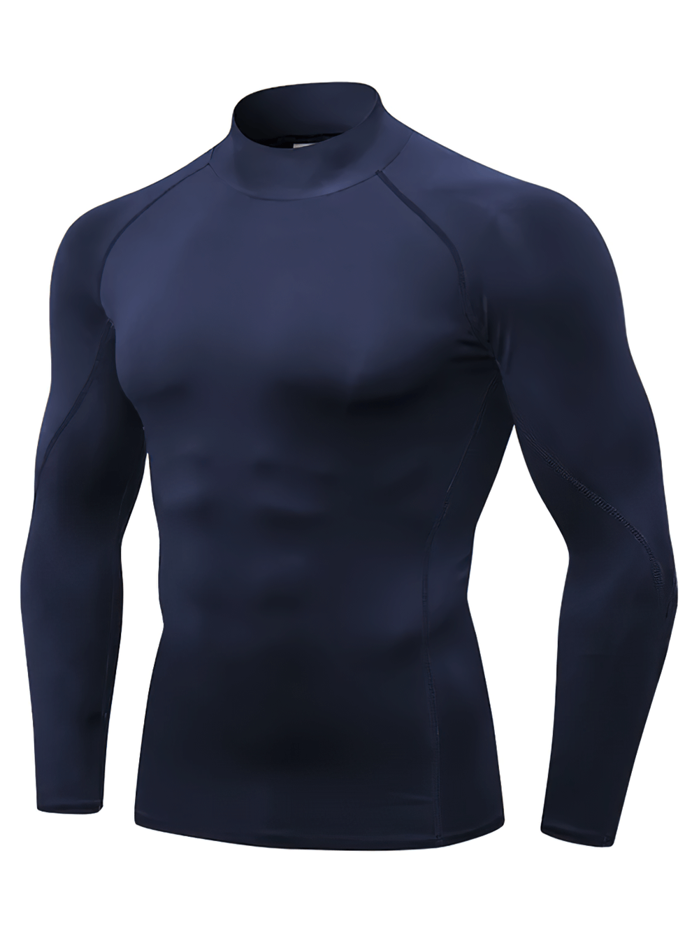 Men's navy blue athletic compression turtleneck with long sleeves, made of polyester and spandex, ideal for sports.